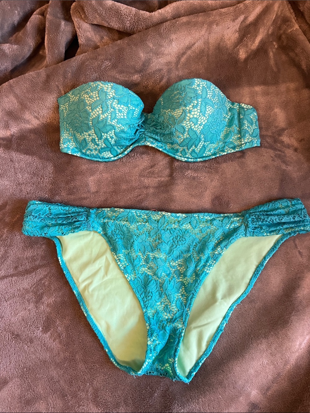 Victoria's Secret Teal Lace Bandeau Bikini Set